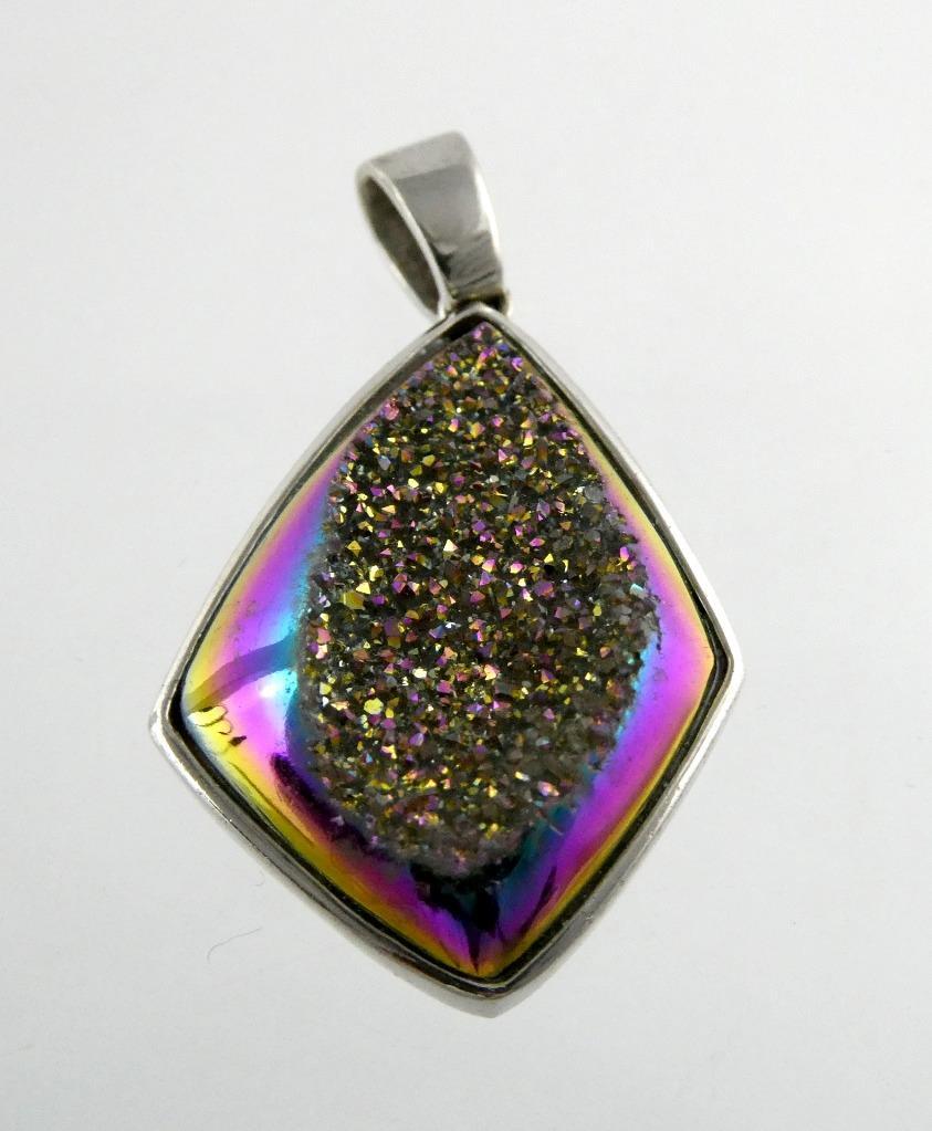 JH Sterling Silver Druzy Aura Quartz Pendant 925 1.5 Inch Length 8.8 Grams
