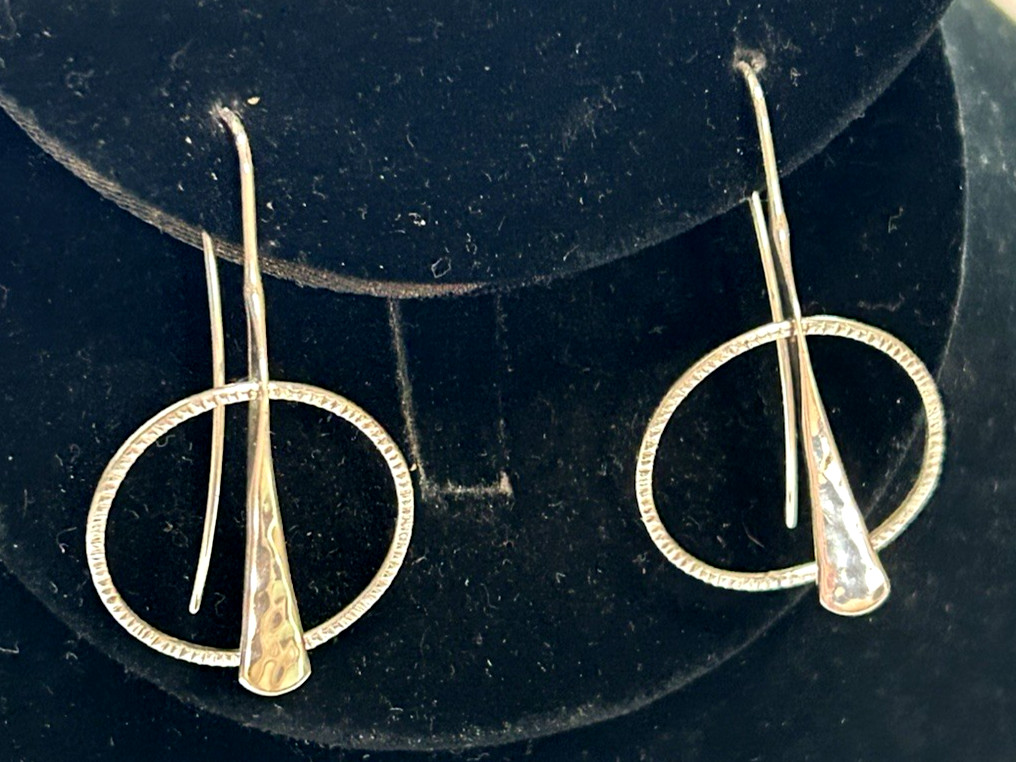 Ed Levin Sterling Silver Dangle Earrings Round Hammered 1 5/8″