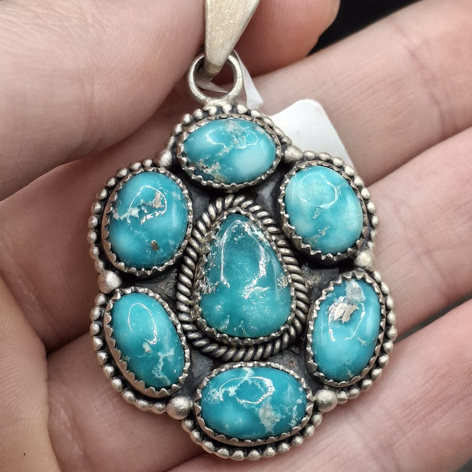 Larger White Water Turquoise Cluster Pendant Sterling Silver 925 Southwestern