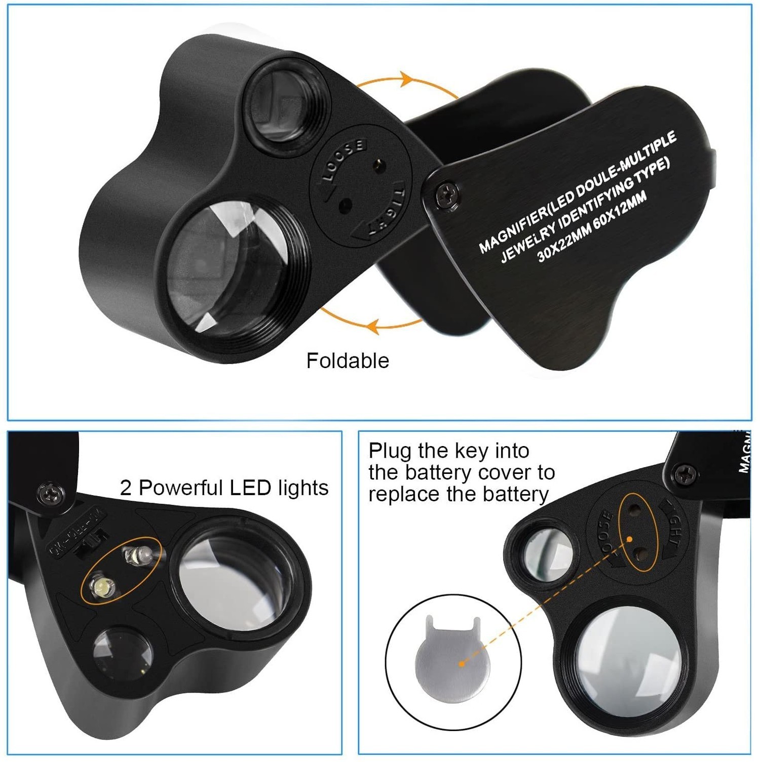 Jewelers Loupe, 2 Pack Magnifying Glass with Light, 30X 60X 90X Jewelers Loop…