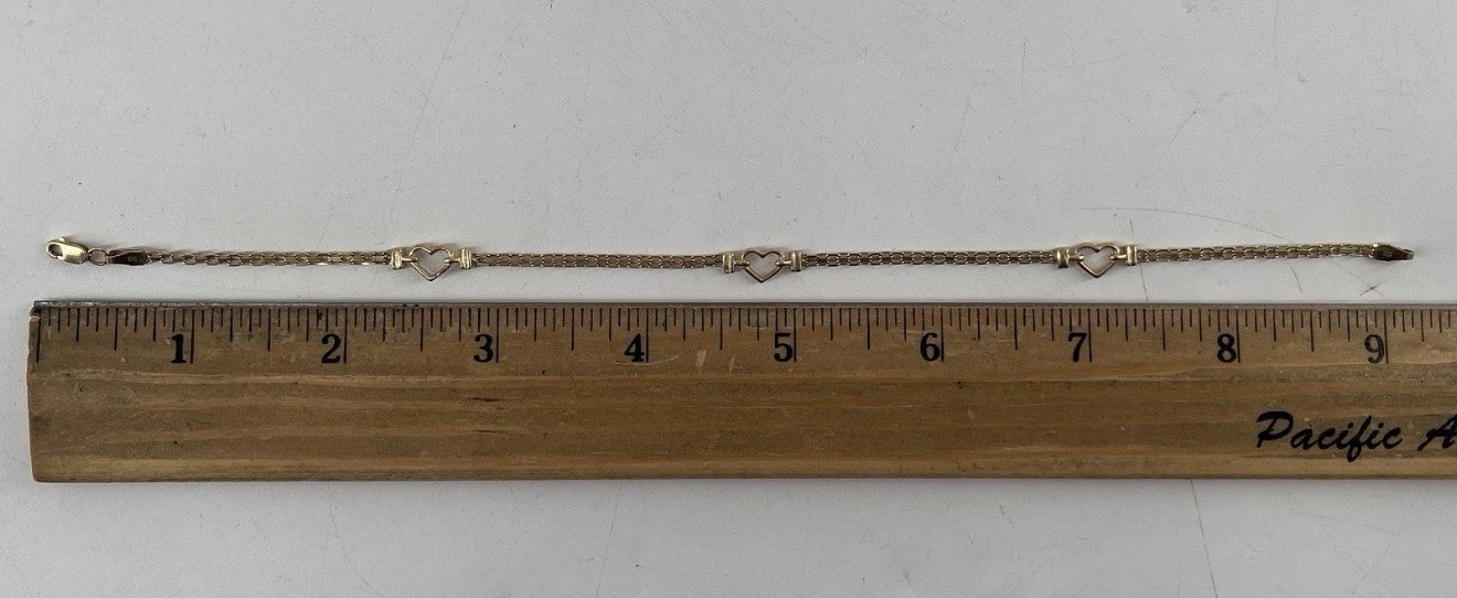 10K Solid Yellow Gold Ankle Bracelet Open Heart Link, 9in, Lobster Clasp