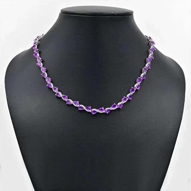 15CT Pear Cut Lab Created Amethyst Women’s Tennis Necklace 14K White Gold Plated
