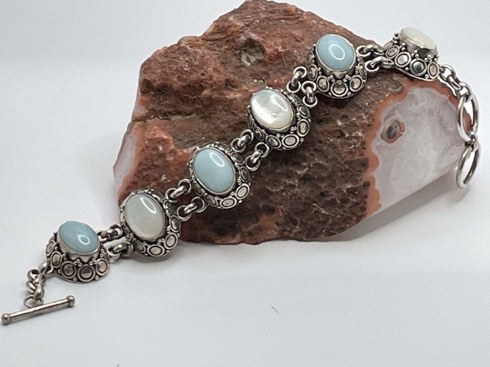 BA Suarti BALI Indonesia Sterling Silver Blue White Stones Link Bracelet 54 Gram