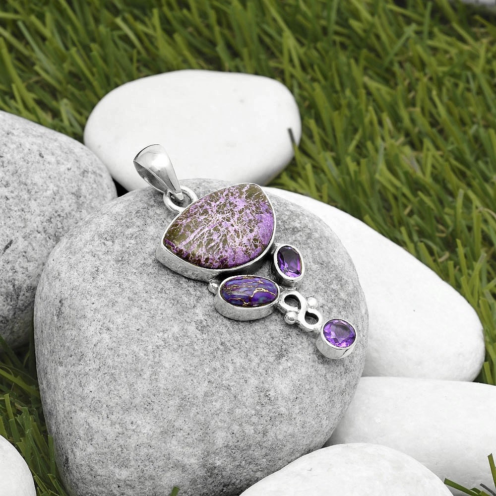 Purpurite, Copper Purple Turquoise & Amethyst 925 Silver Pendant Jewelry P-1602