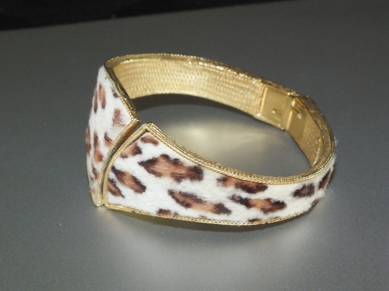 Vintage BSK faux fur ? curved BRACELET CUFF BANGLE gold WHITE BROWN BLACK SPOTS