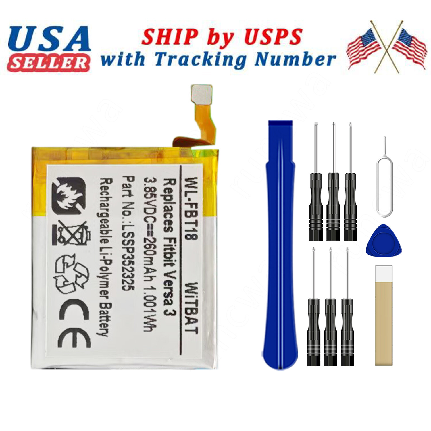 Battery LSS352325 For Fitbit Versa 3 Smartwatch FB511 FB511BKBK FB511GLGY+TOOL