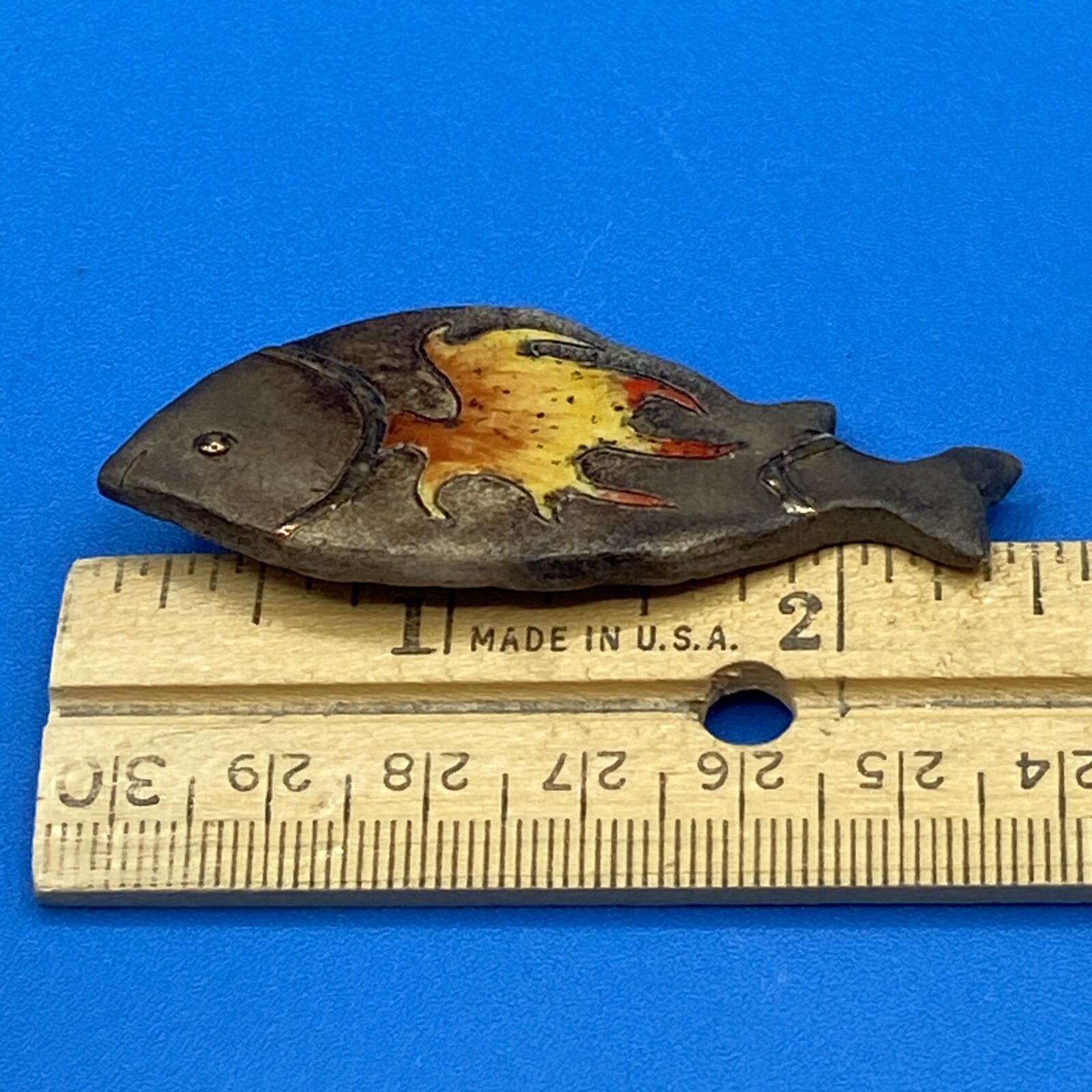 PIN Brooch FISH Artisan made ceramic pottery enamel MCM style brown orange red