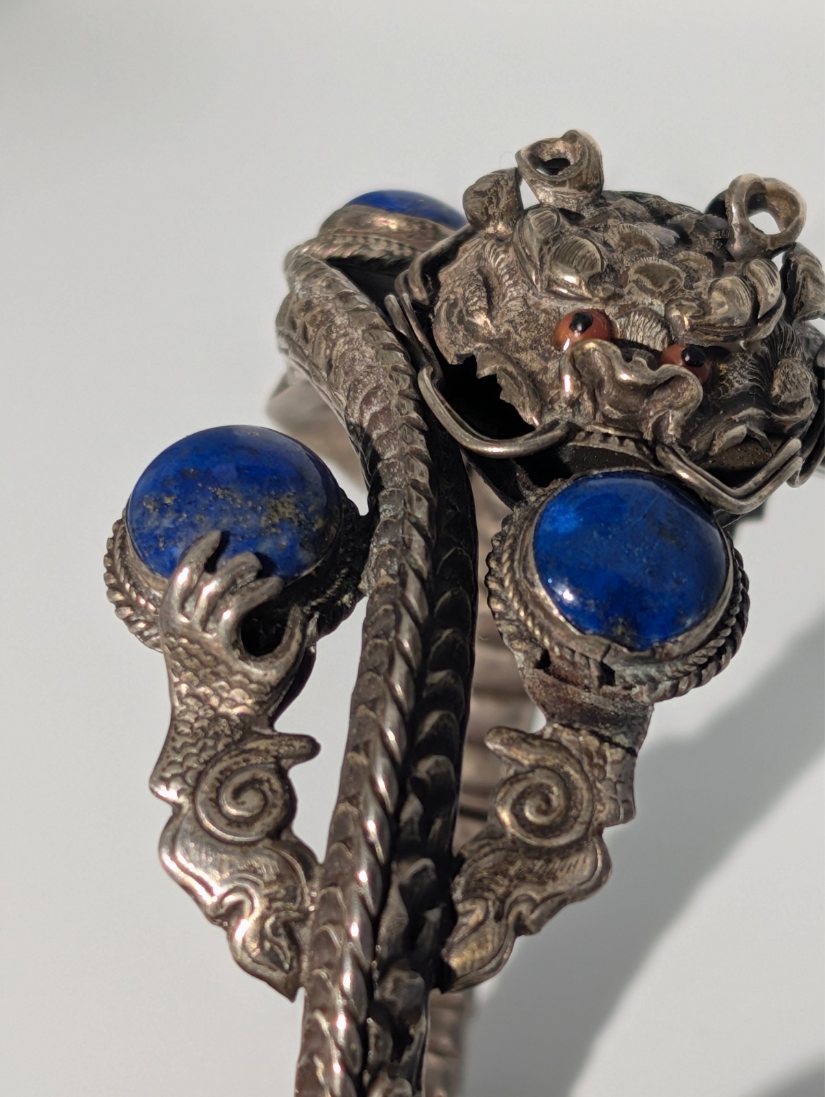 Vintage Chinese Export Sterling Silver 925 Dragon Bangle with Lapis Coral 38g