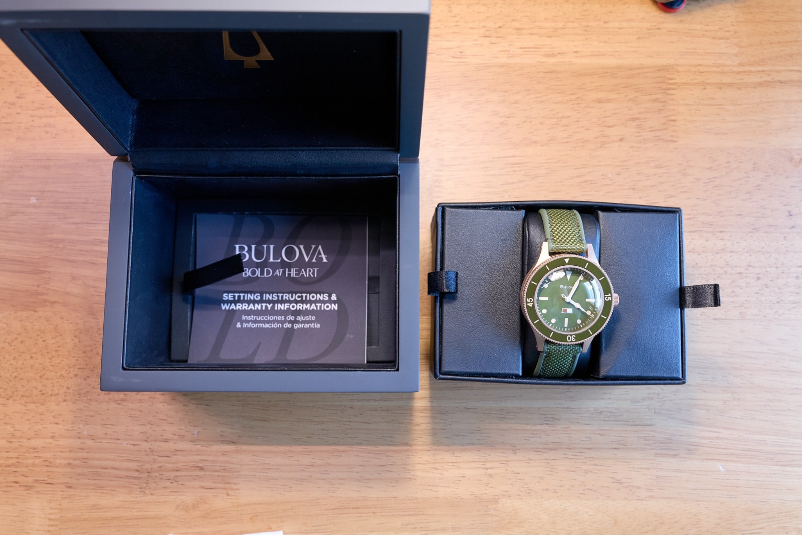 Bulova 98A324 MIL-SHIPS Bronze Auto 150th Anniversary Green Dial Sapphire 200MWR