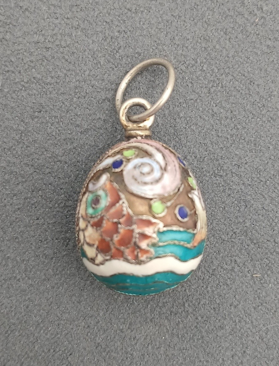 Vintage Cloisonne Chinese Enamel Koi Fish Sterling Silver Egg Charm Pendant