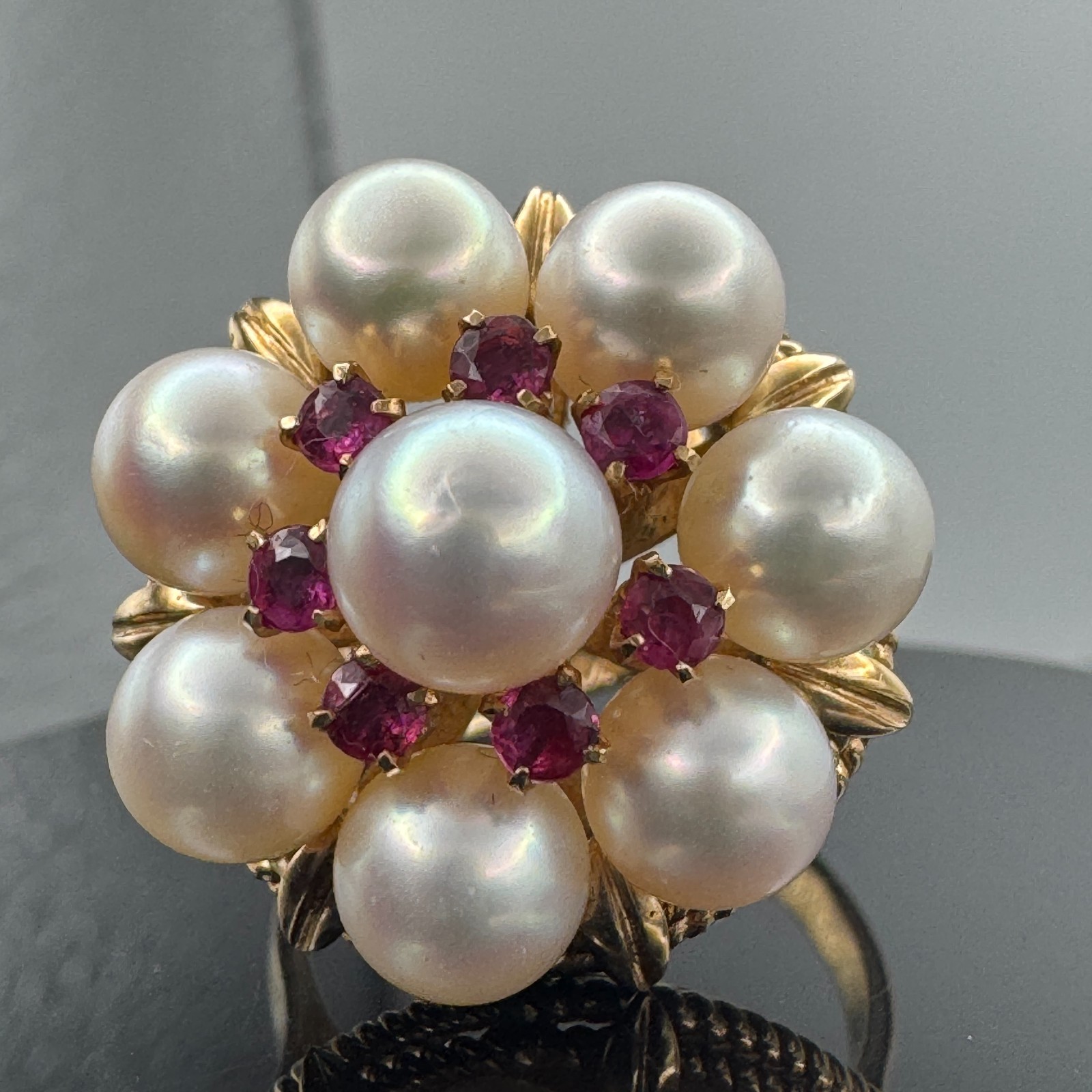 Solid 14k Gold Ring with Pearls and Rubies / Size 5 / 18.44 mm Wide / 6.88 Grams