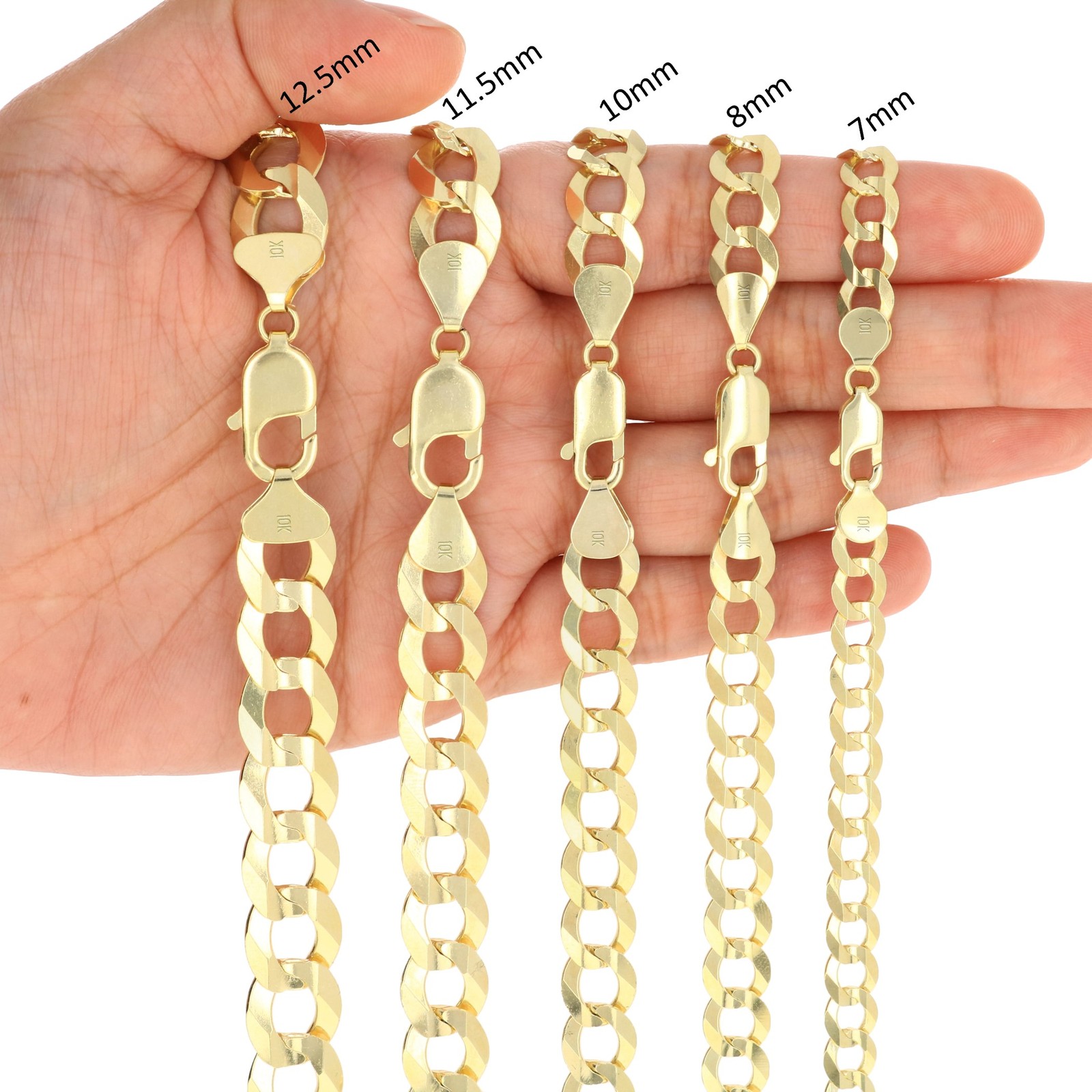 10K Yellow Gold Solid 2mm-12.5mm Curb Cuban Chain Link Necklace Bracelet 7″- 30″