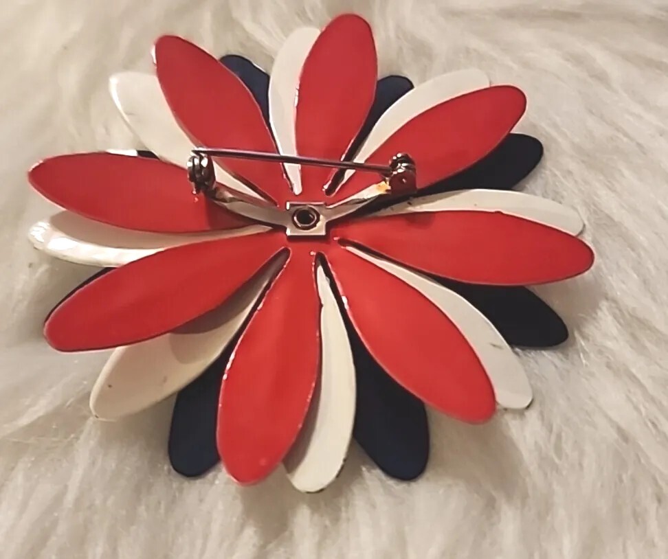 Vintage White Red Blue Enamel Flower Brooch 1960’s