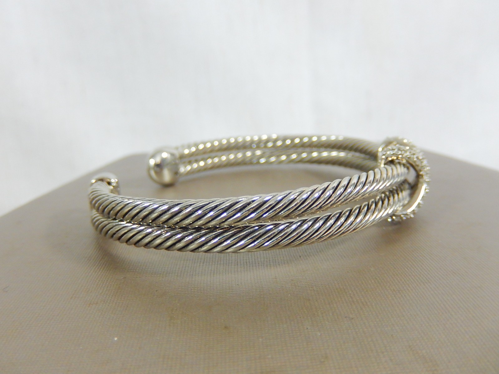 VTG CABLE 2 ROW SILVER CRYSTAL CUFF BRACELET LARGE 7.75″ SIZE