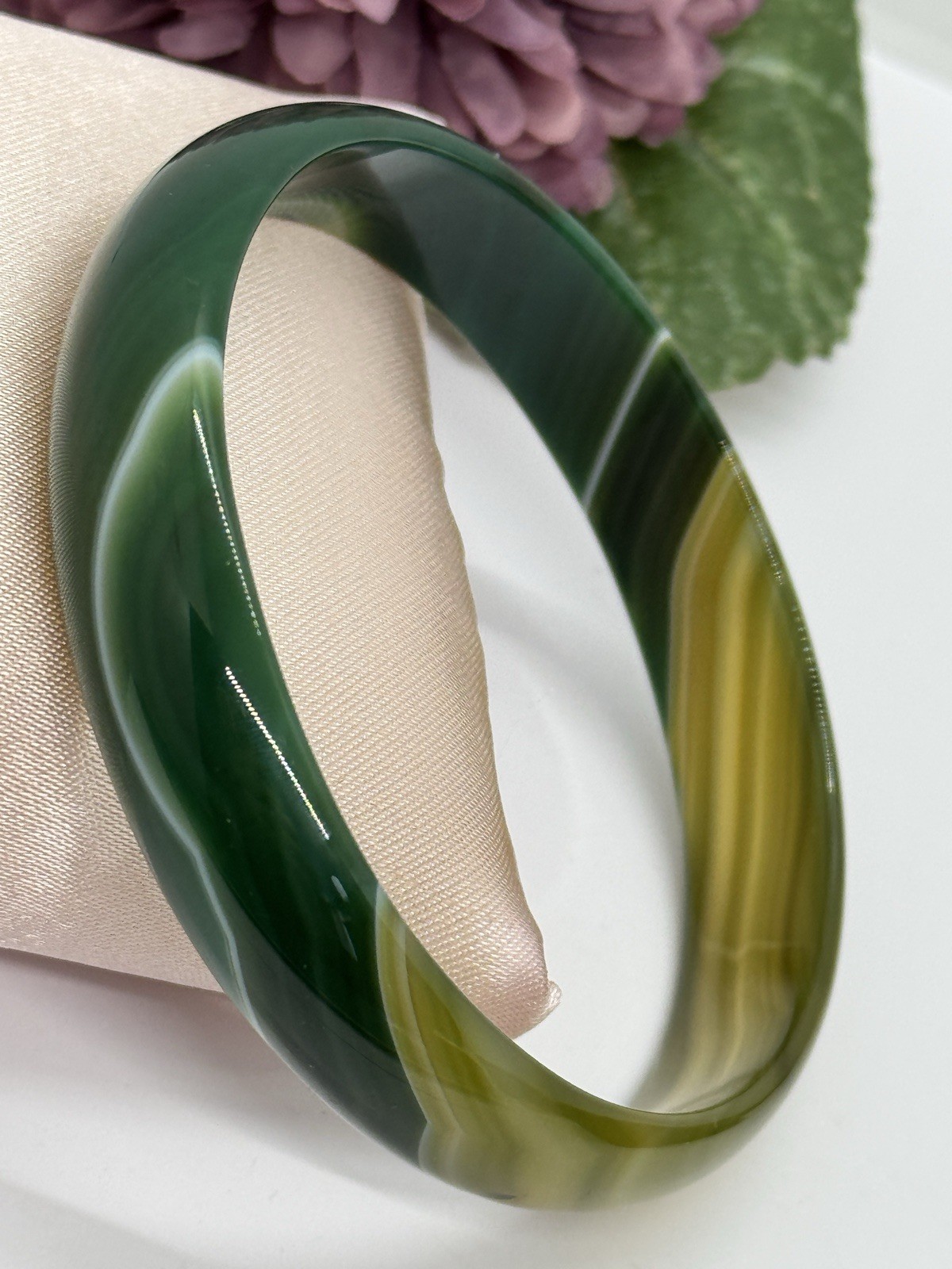 Natural Striped Green Agate Bangle Bracelet Multi Color 8″