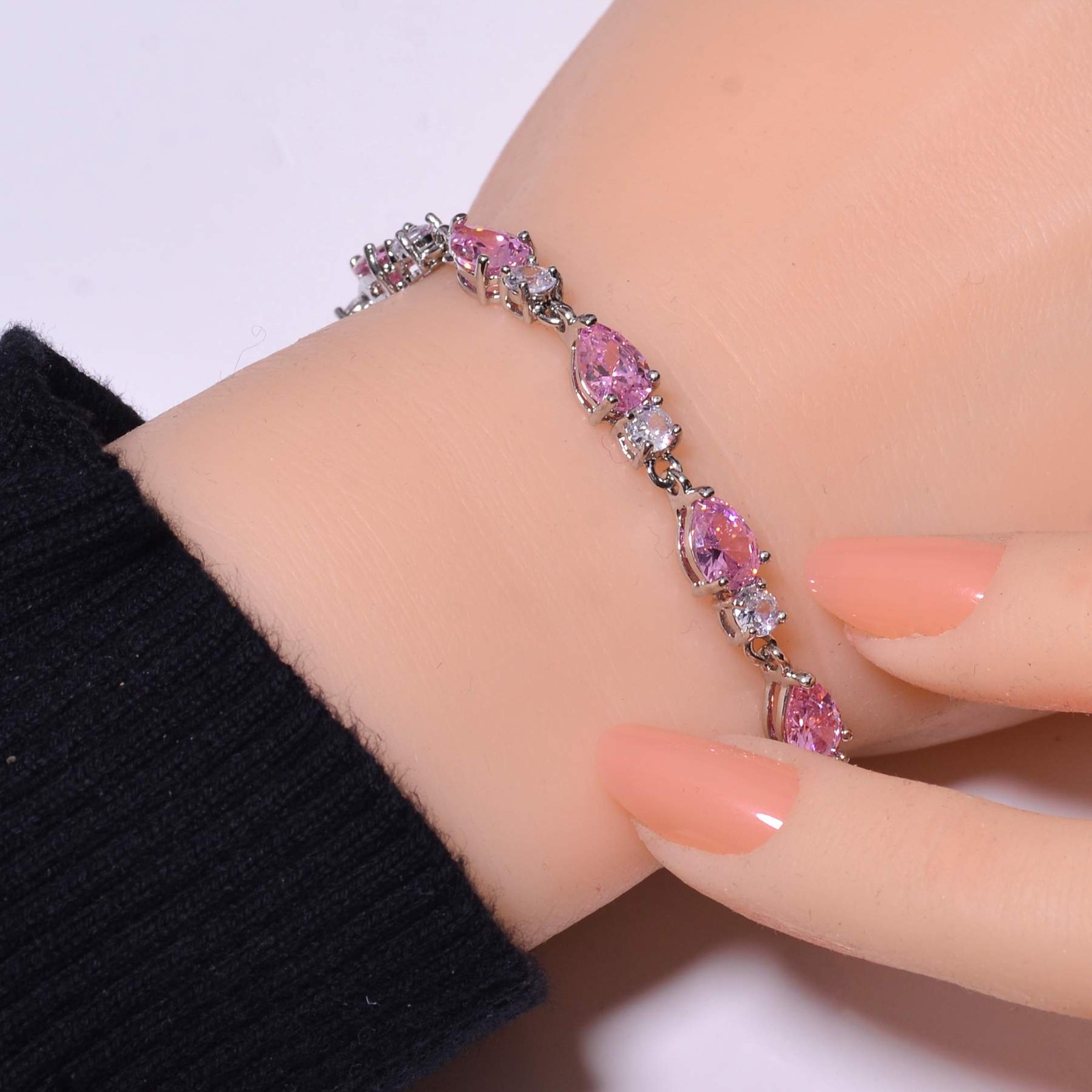 Pink Sapphire & CZ Simulated 925 Sterling Silver Tennis Bracelet 7.99″ B4