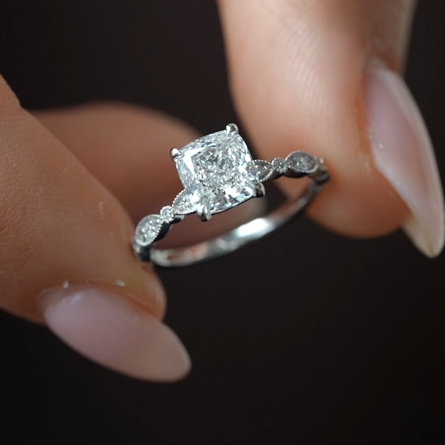 2.09 TCW Cushion Cut Moissanite Milgrain Engagement Ring 14k White Gold Plated
