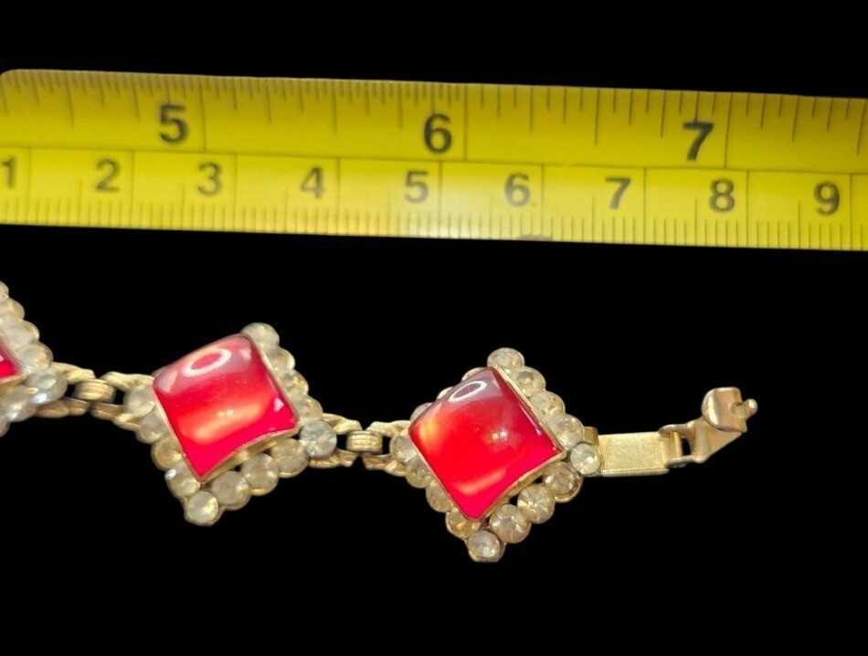 Vintage Gold Tone Bracelet Red Acrylic Stones Rhinestone Accents Victorian Rev