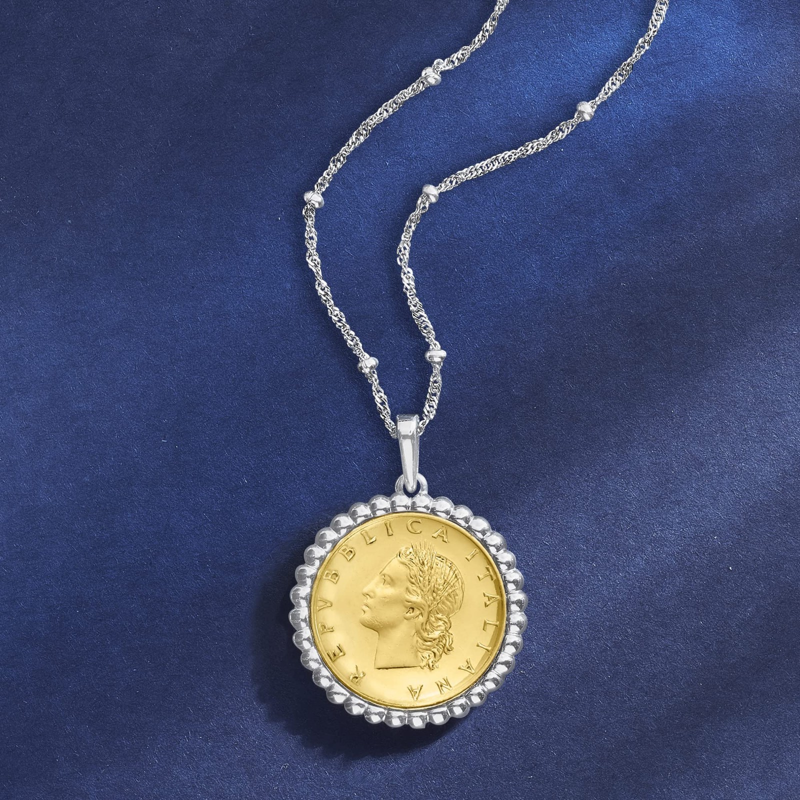 Italian 20-Lira Coin Pendant Necklace in Sterling Silver, 18″ Chain, Vintage Sty