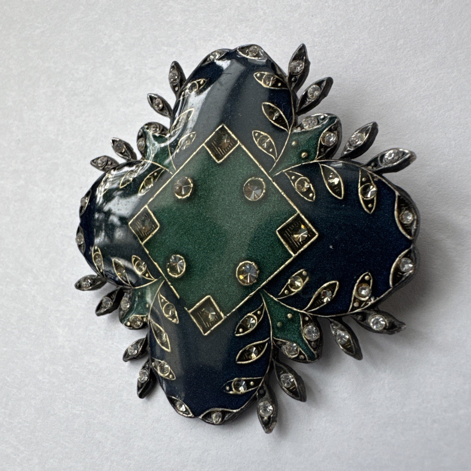 Catherine Popesco Vintage Metal and Enamel Art Deco Style Brooch France Green
