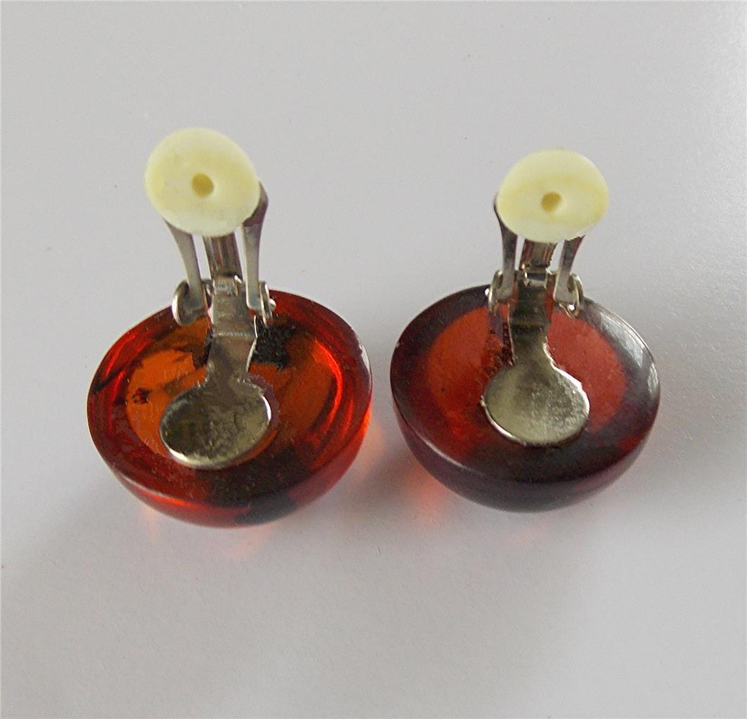 VINTAGE RETRO SEMI-TRANSPARENT MARBLED ROOT BEER COLOR LUCITE CLIP-ON EARRINGS