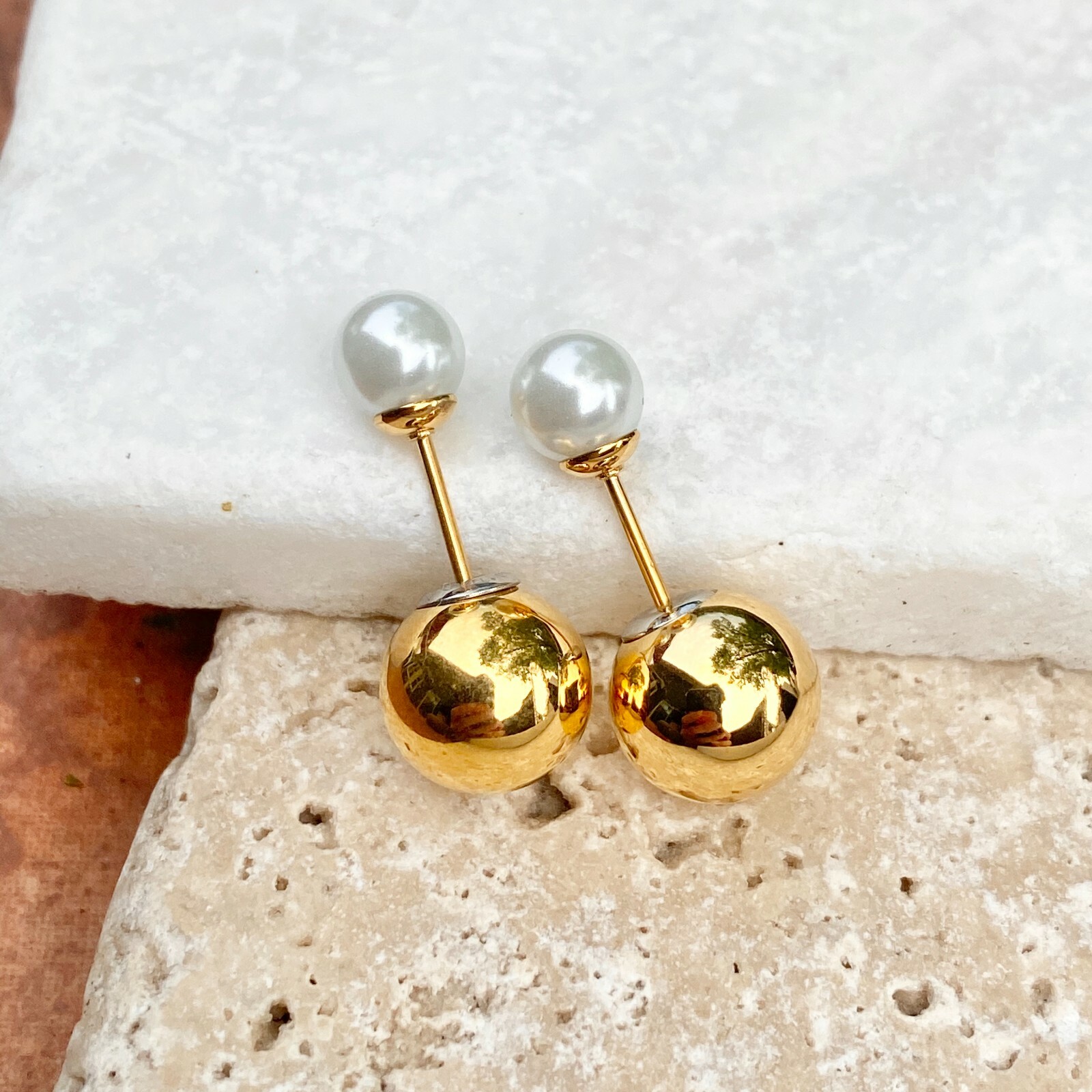 Stainless Steel Double Ended White Pearl + Gold Ball Post Stud Earrings NEW