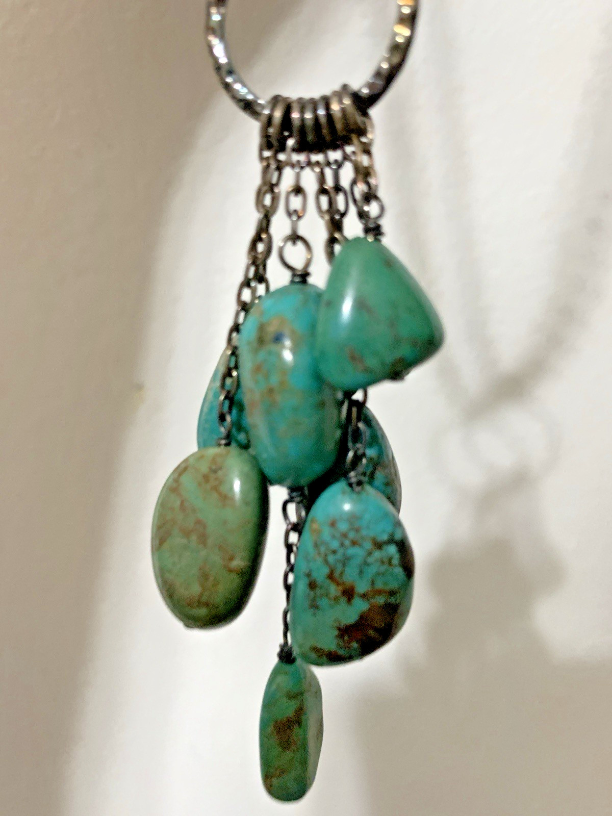 Southwestern Style Red Coral & Turquoise SS Beaded Necklace,Dangling Pendant,22”
