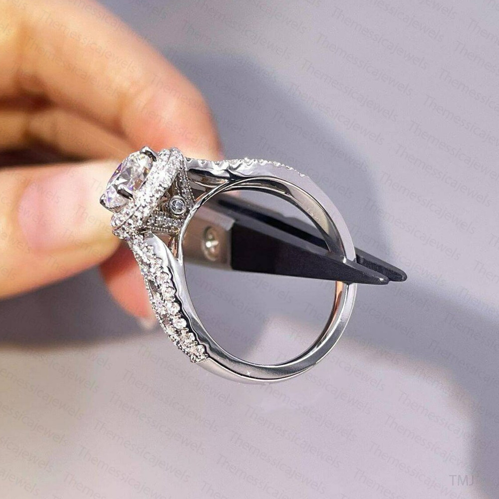 1.76Ctw Round Moissanite Halo Split Shank Engagement Ring 14K White Gold Plated