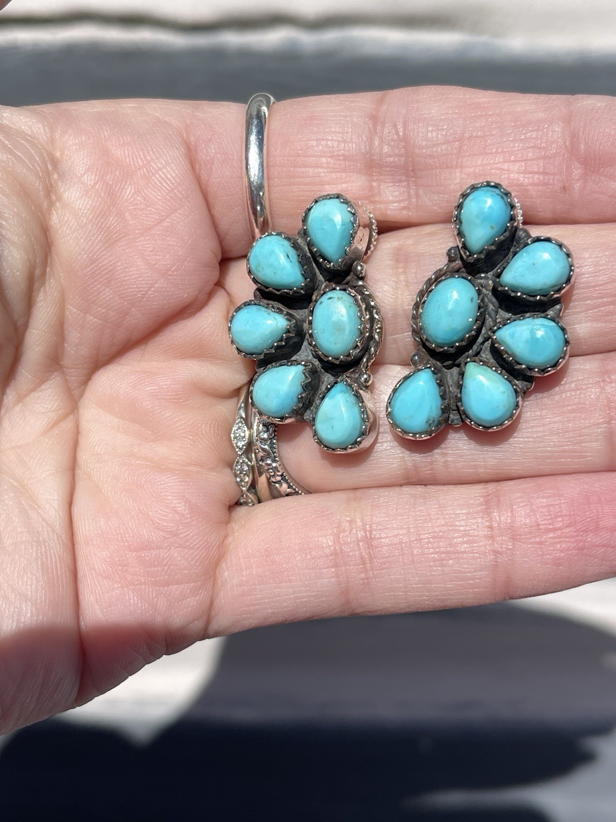 Native American Style Sterling Silver Turquoise Half Cluster Earrings Southwests