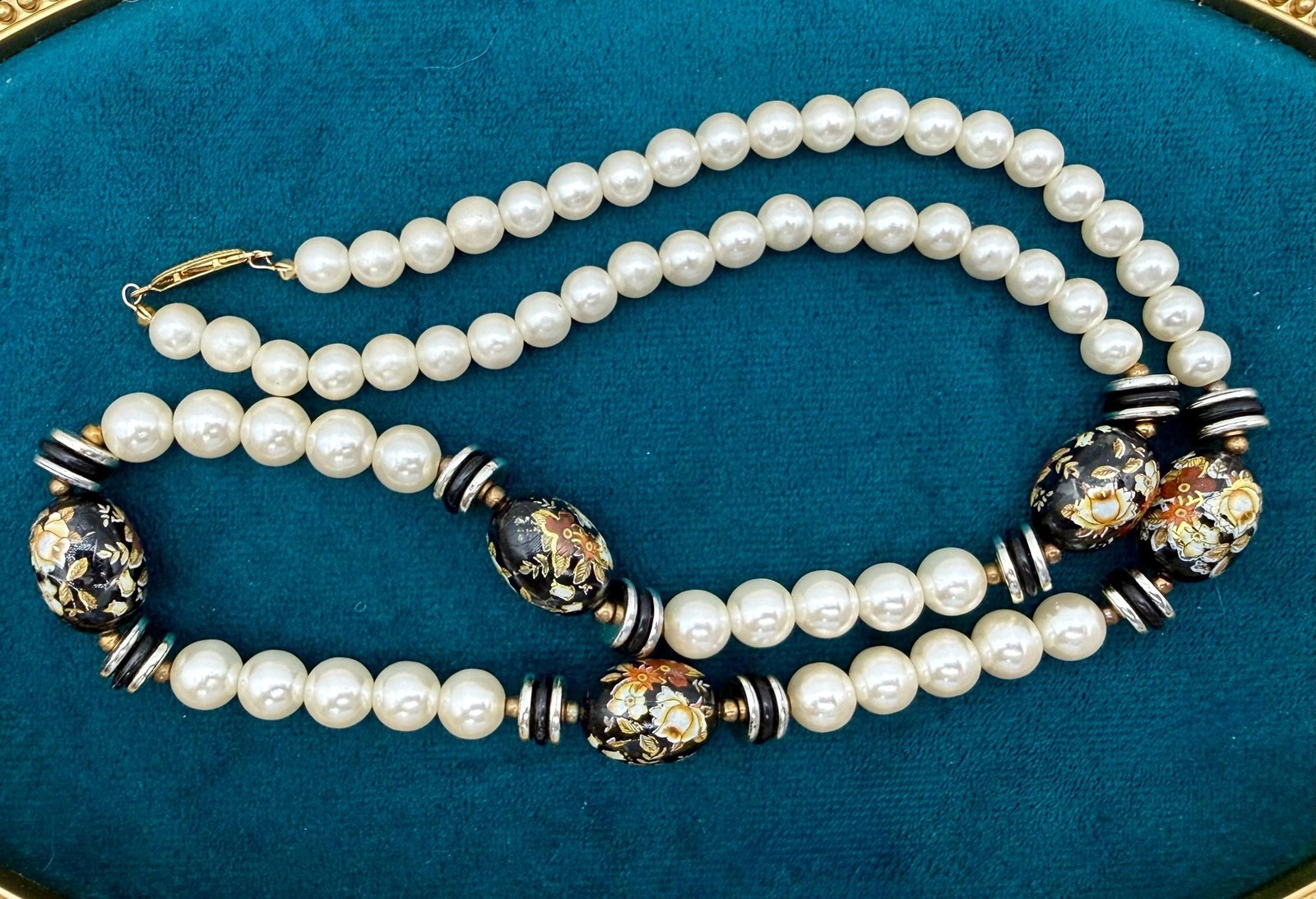Vintage Faux Pearl Necklace, Black Floral Cloisonné Style Beads, 1980s Statement