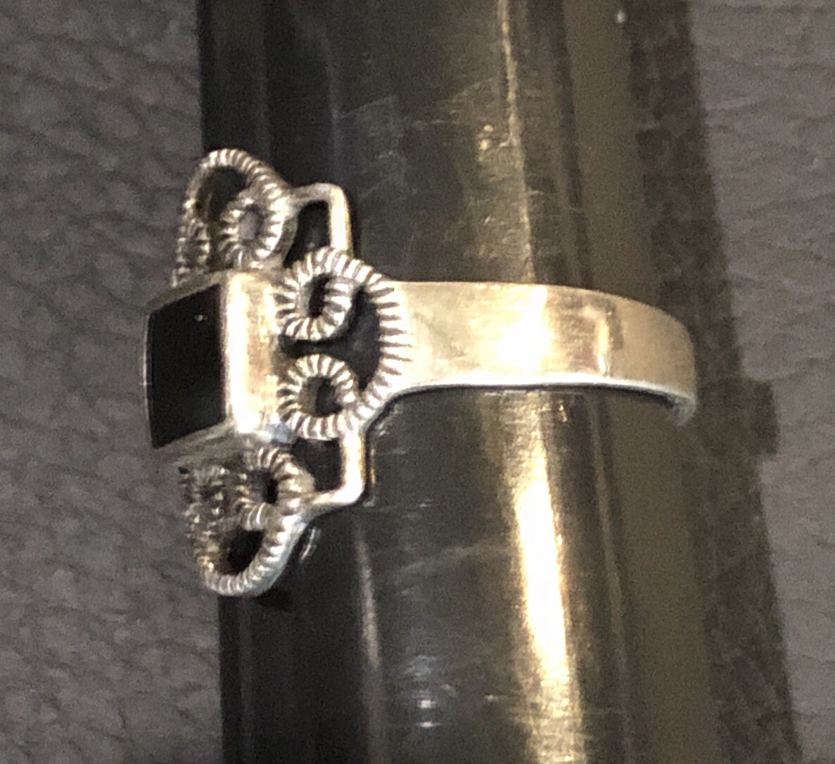 Square Black Onyx Filigree Vintage Sterling Silver 925 Ring Band Size 8