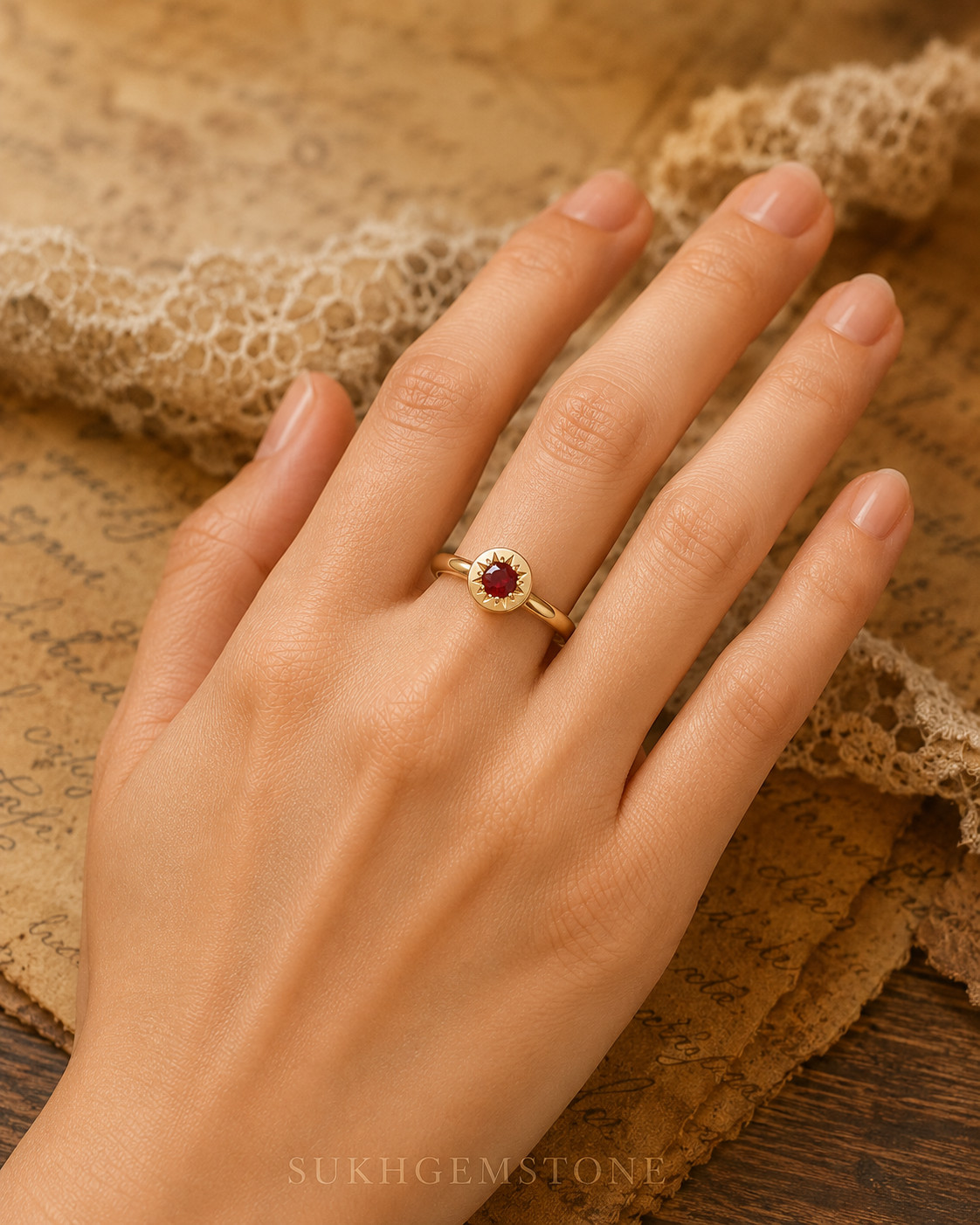 Lab Created Red Ruby Ring, Base Metal: Brass Finish: Gold Plated