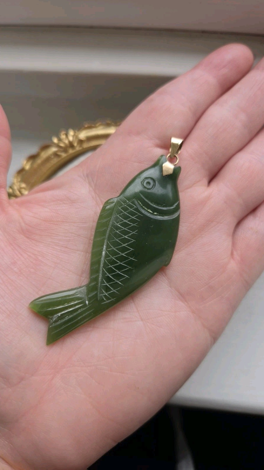 14k Yellow Gold Pendant With A Large Green Jadeite Hand Carved Koi Fish