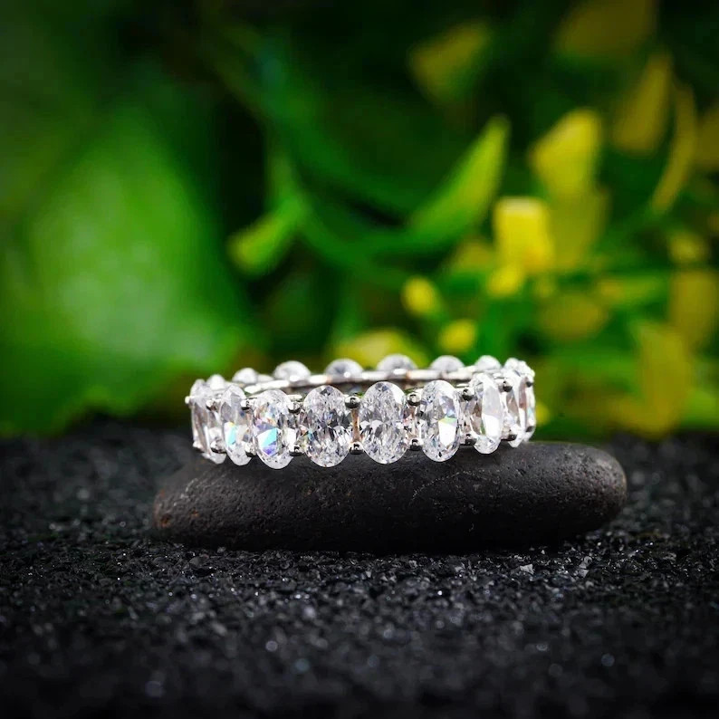 5.00CT Oval Cut Natural Diamond 14K White Gold Engagement Eternity Band Ring