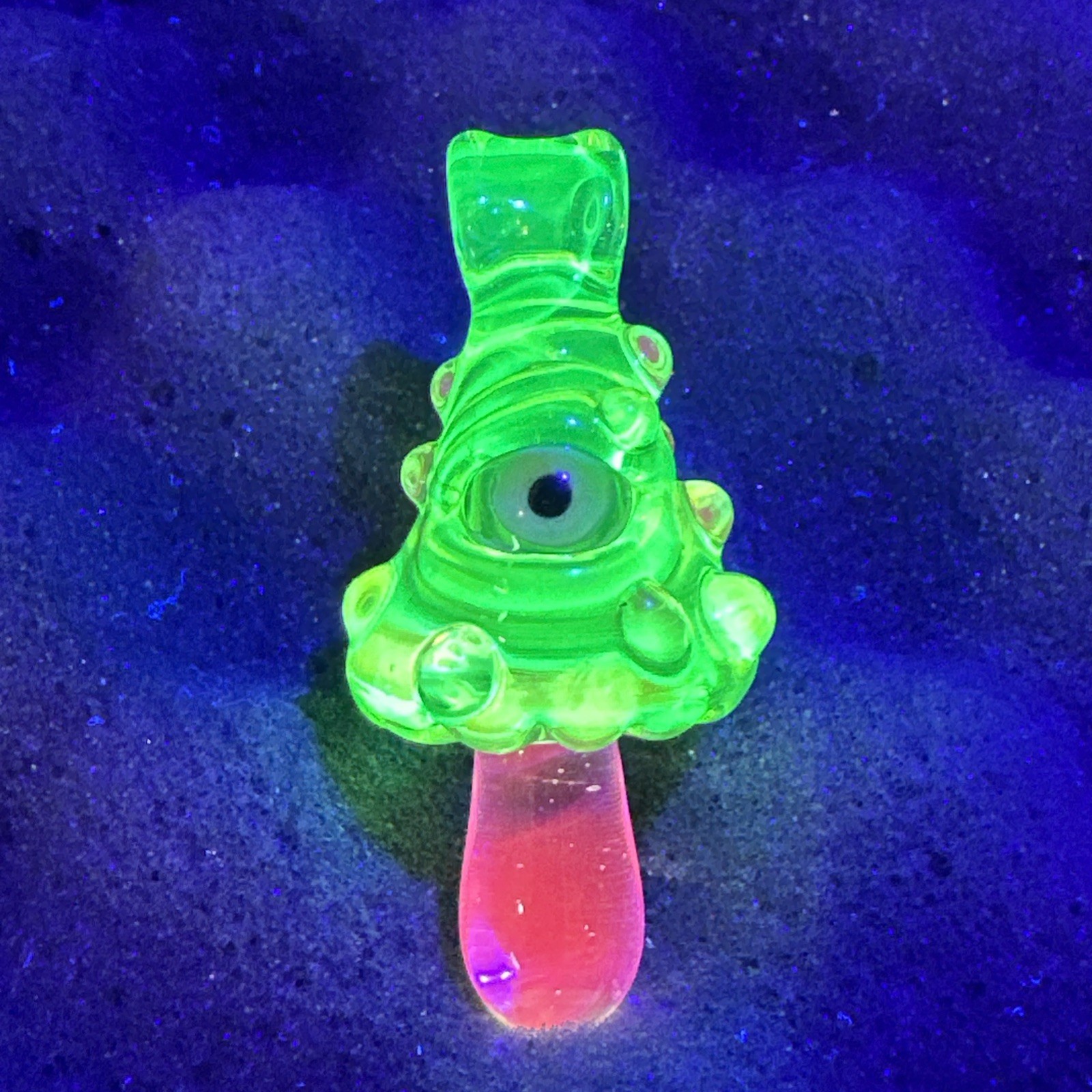 Handblown Uranium Glass Art Mushroom Eyeball Pendant UV Reactive Colors Boro UG