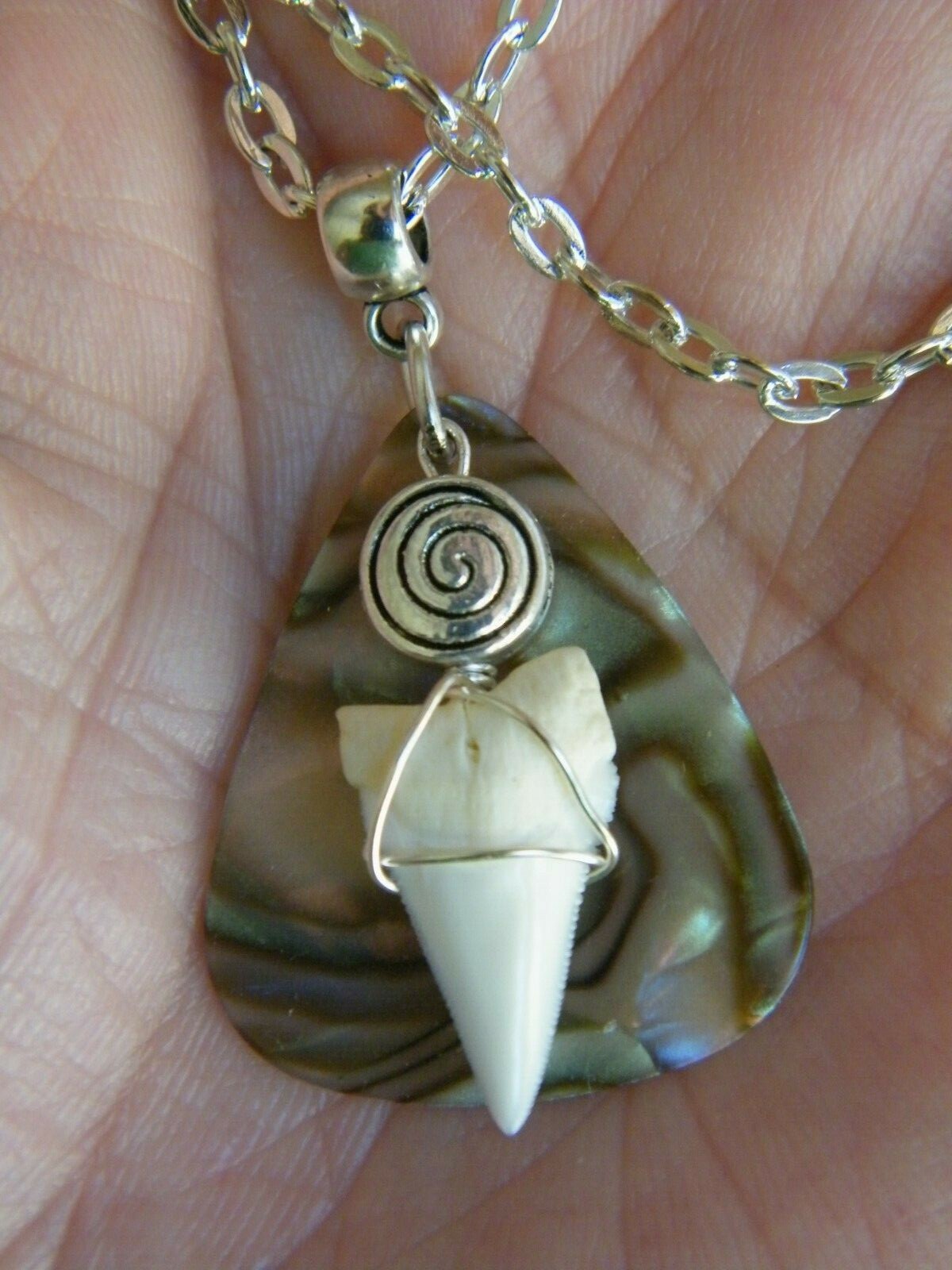 SHARK Fossil Tooth Necklace Real Teeth Faux Abalone Shell 23″ Silver Chain NEW!