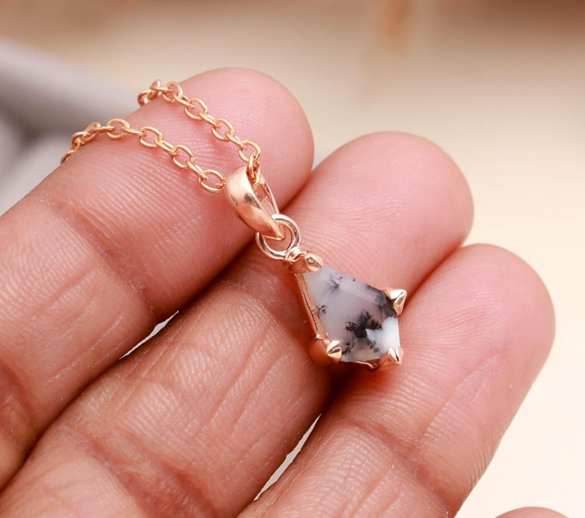 Natural Dendrite Opal Kite Necklace Rose Gold Plated 925 Sterling Silver Jewelry