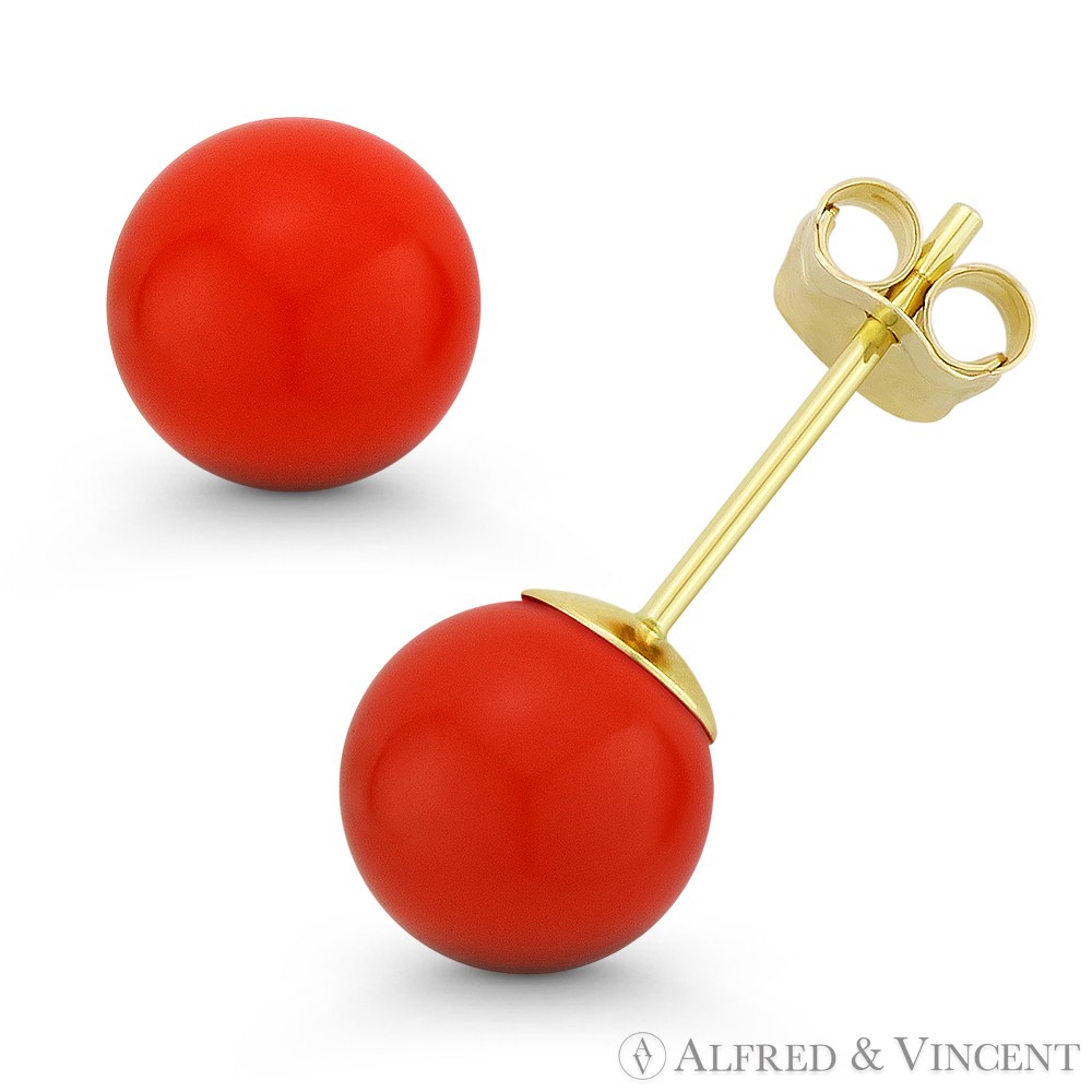 3 to 10mm Orange Coral Ball Studs Pushback Stud Earrings in 14k 14kt Yellow Gold