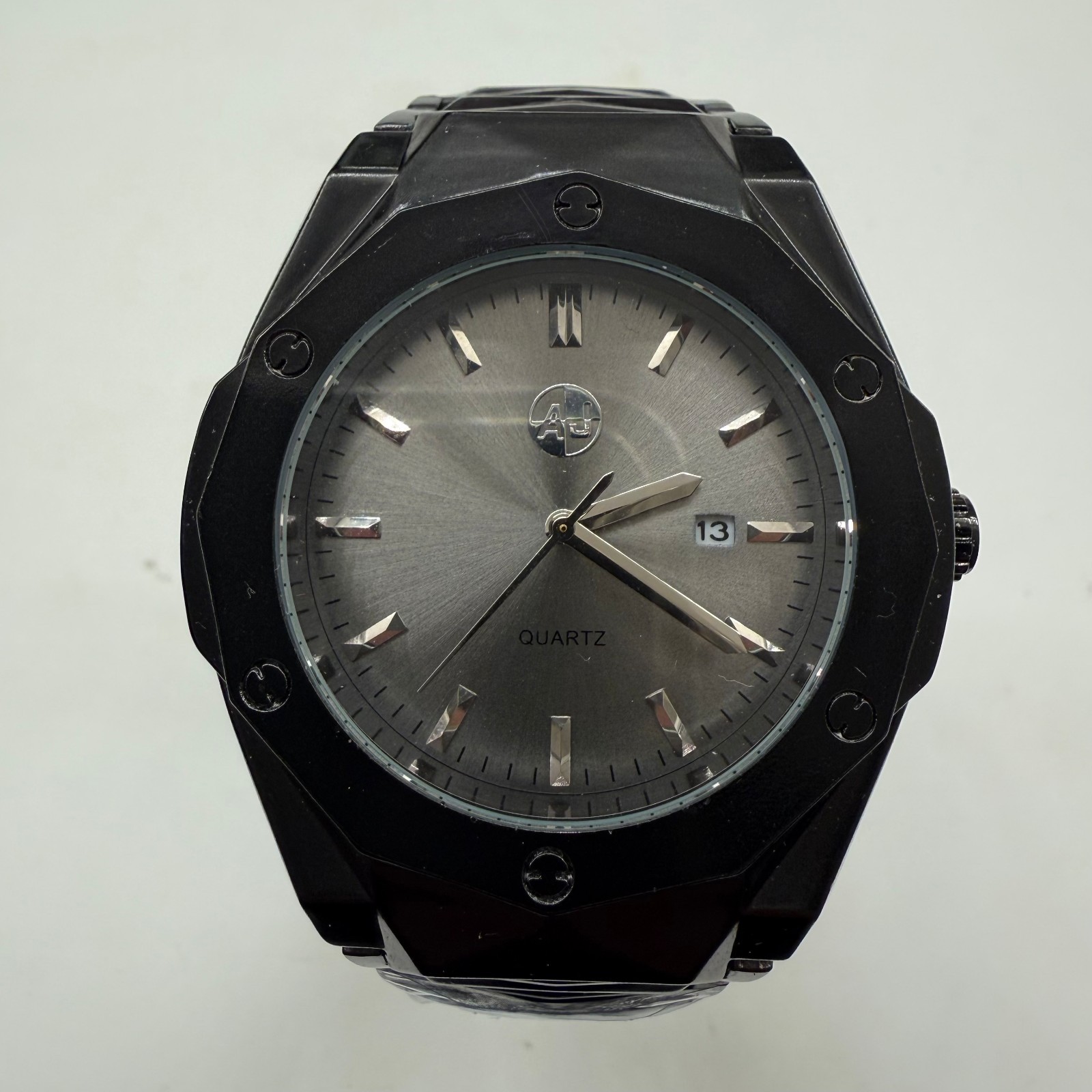 AJ Quality Watches USA Men’s 45mm Black Silver Bezel Quartz Watch NEW