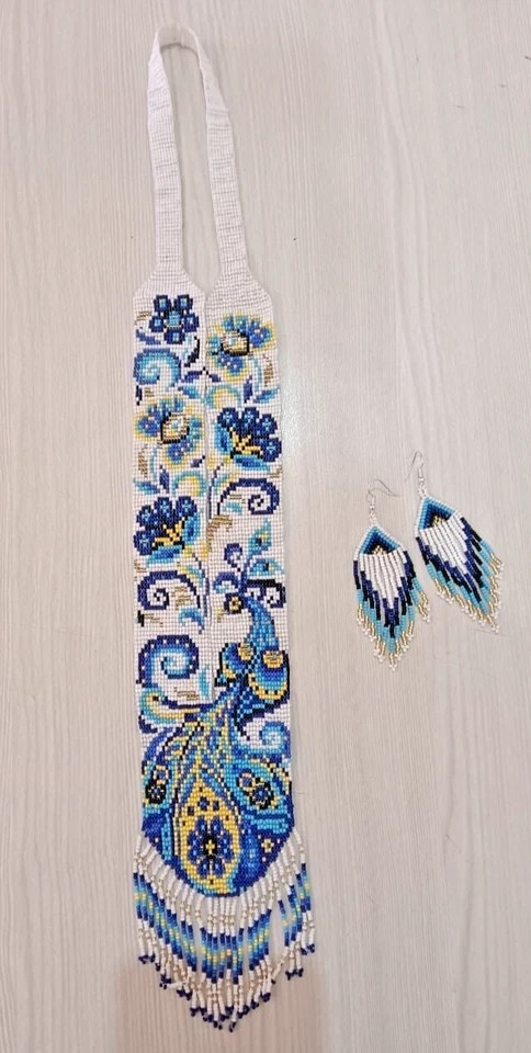 Handmade Necklace Seed Bead Boho American Style Nativ Beaded Multi Strand Blue