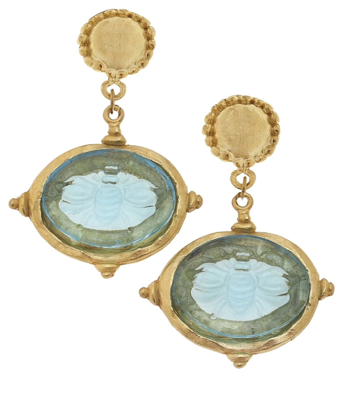 Susan Shaw Earrings Venetian Glass Intaglio Bee Cab 24K TPG Jewelry Gift