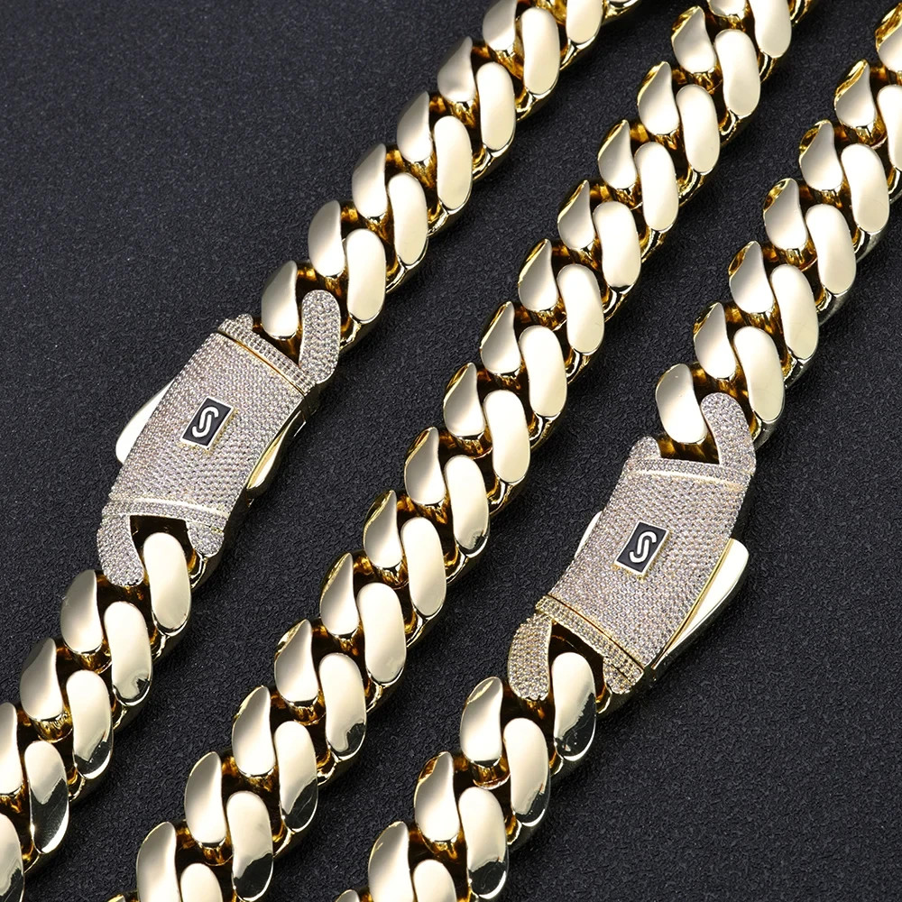 5AAA+ CZ 20mm Cuban Link Chain Necklace Bracelet Gold Plated Brass Iced Out