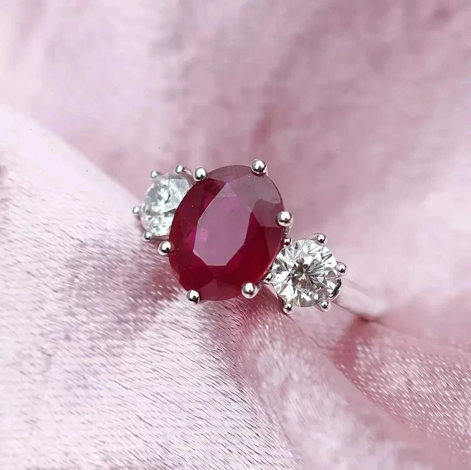 4.20Ct Oval Cut Natural Red Ruby & Diamond Wedding Ring 14K White Gold Size 6 7