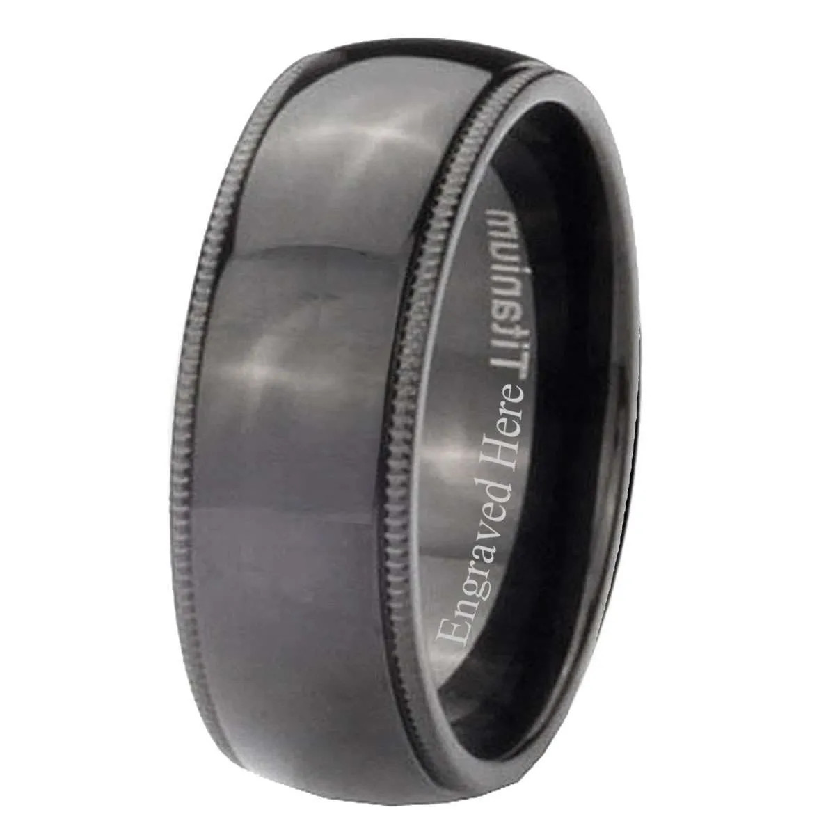 8MM Titanium Dome Black IP Milgrain Edges Men Wedding Band Ring Size 7 to 13