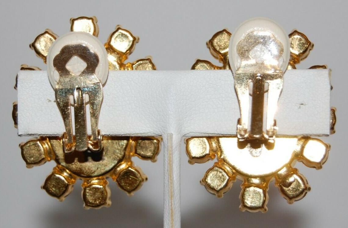 ELEGANT VTG RHINESTONE COUTURE LARGE AMBER OVAL & ICED CRYSTALS CLIP-ON EARRINGS