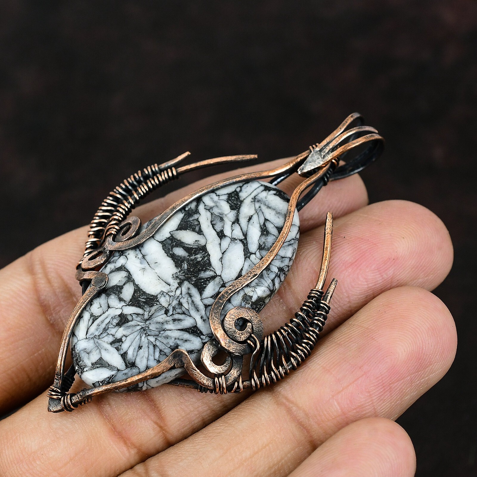 Pinolith Jasper Gemstone Jewelry Copper Bestie Gift Wire Wrapped Pendant 2.91″