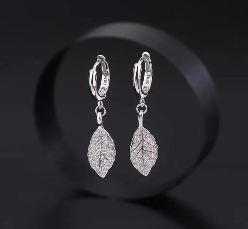 Women 925 Sterling Silver Dangle Pave CZ Hanging Leaf Huggie Hoop Earrings PE25