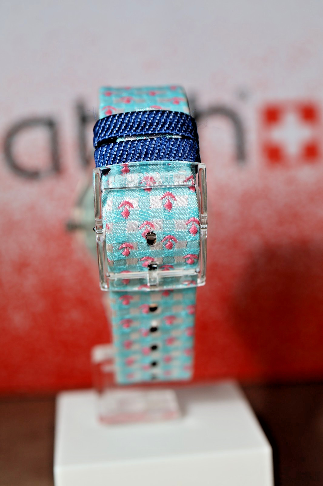 NEW Limited Swiss Swatch ROSES4U Flowers Denim Leather Strap Clear 34mm GZ291