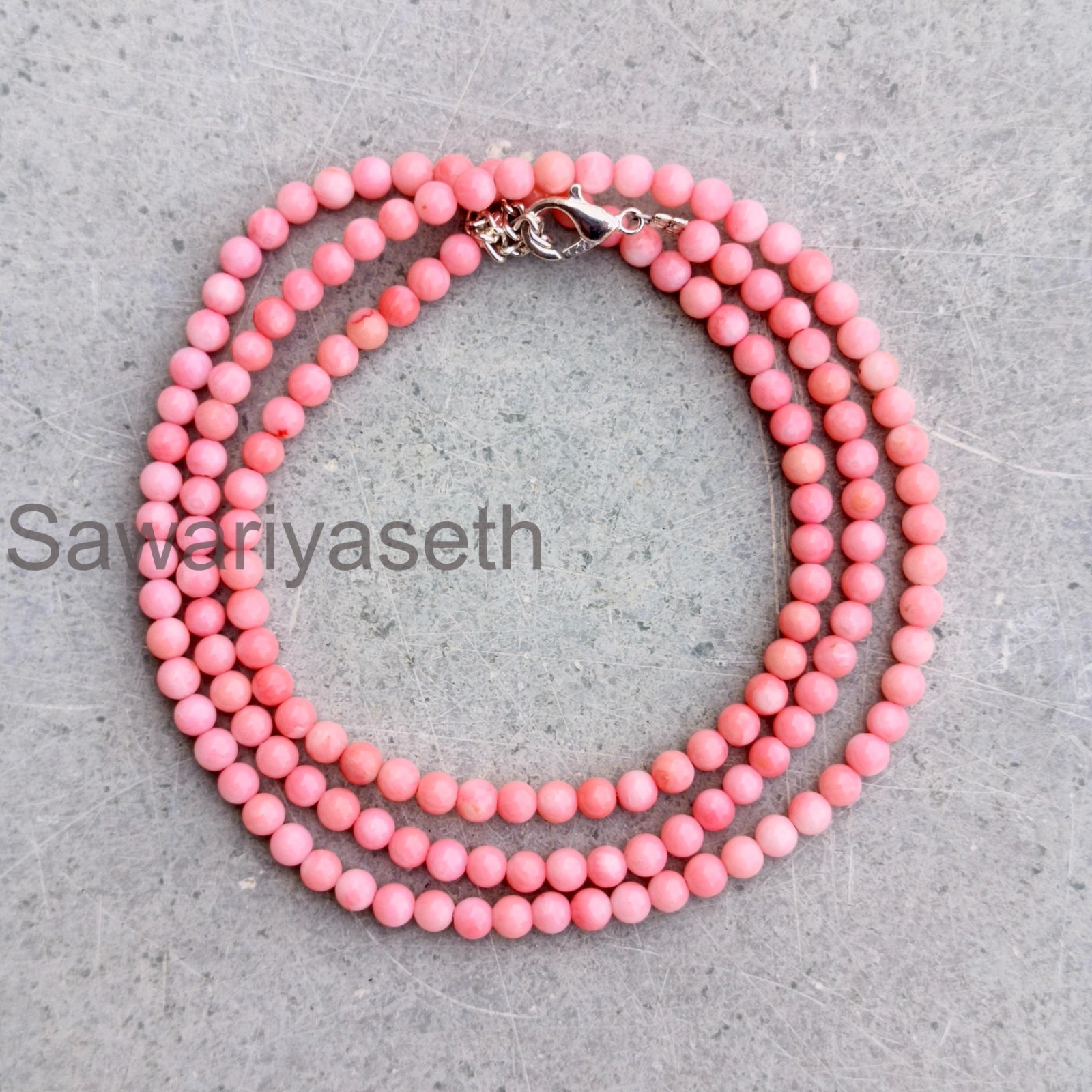 Pink Coral Necklace | 3mm Smooth Beads, Sterling Silver Clasp