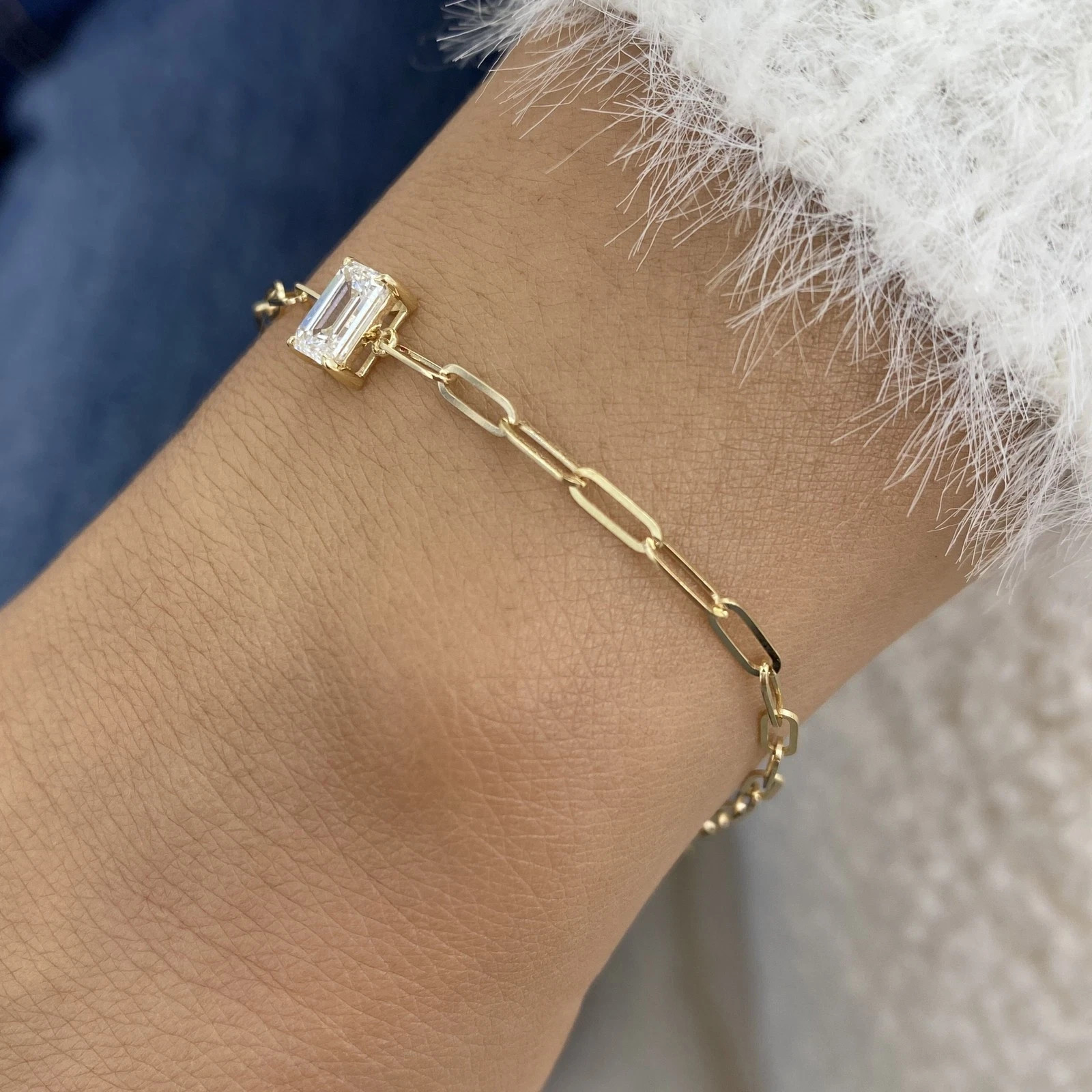 1Ct Emerald Cut Lab Created Diamond Women Chain Bracelet 14K Yellow Gold Plated